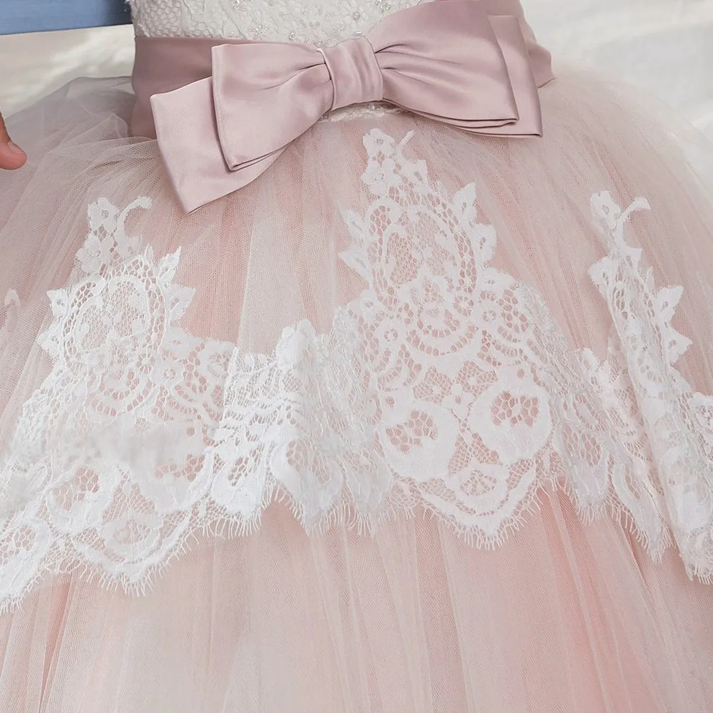 Robes de demoiselle d'honneur roses, tulle gonflé, appliques en dentelle blanche avec nœud en fibre pour mariage, fête d'anniversaire, première communion, quoi que ce soit