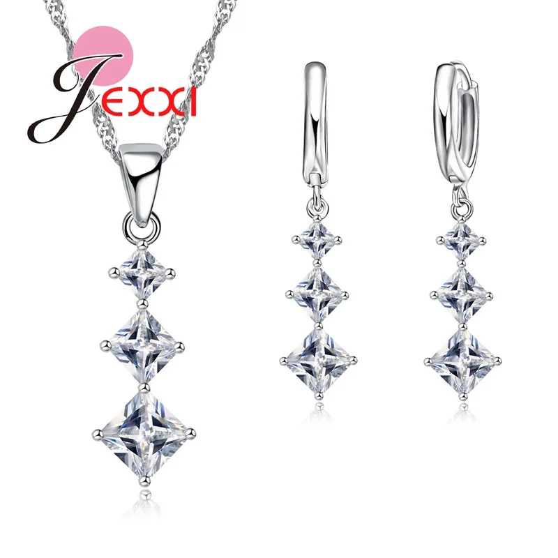 Classic 925 Sterling Silver 4 Claws Square Cubic Zircon Pendant Necklace Earrings Set for Women Girls Wedding Party Jewelry Gift