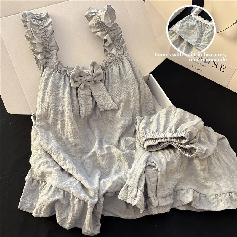 Summer Women Sweet Causal Sleeveless Pajama 2pcs/set Lady Cute Floral Tank Top Home Clothes Girls Bow Lace Fashion Padding Sling