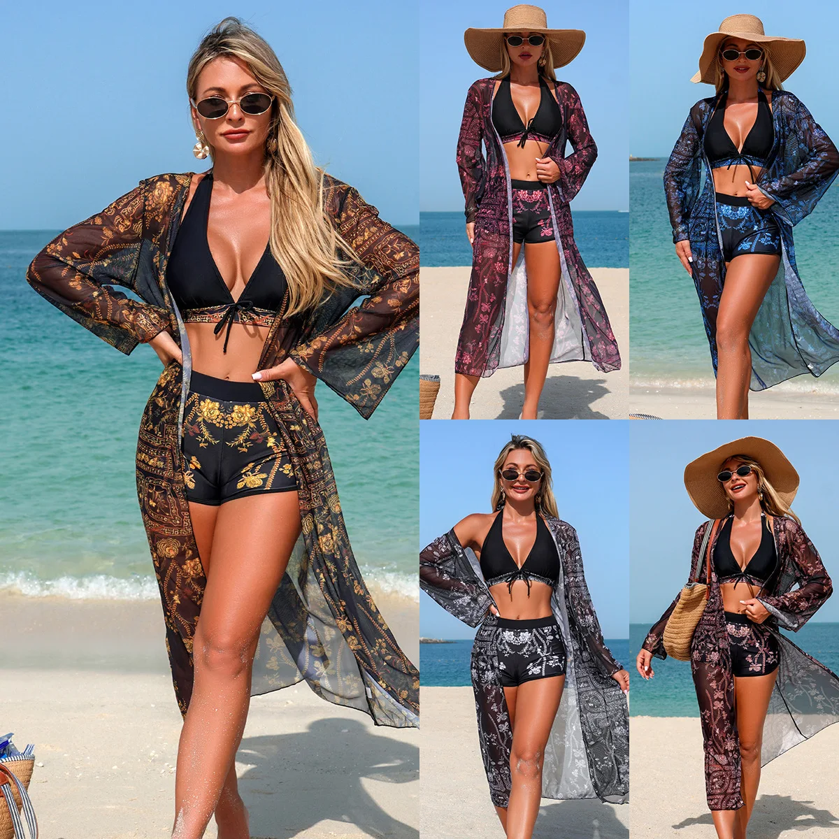 3-Piece Women Swimsuit Set High Waisted Boxer Shorts Swimsuit Long Sleeve Cardigan Beach Bikinis Summer Vacation Swimwear