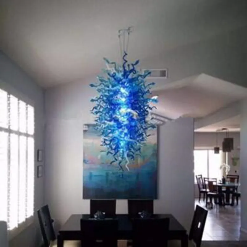 High Ceiling Pendant Lights Blue Color Villa Stair Art Decor Hand Blown Glass Hotel Chandeliers