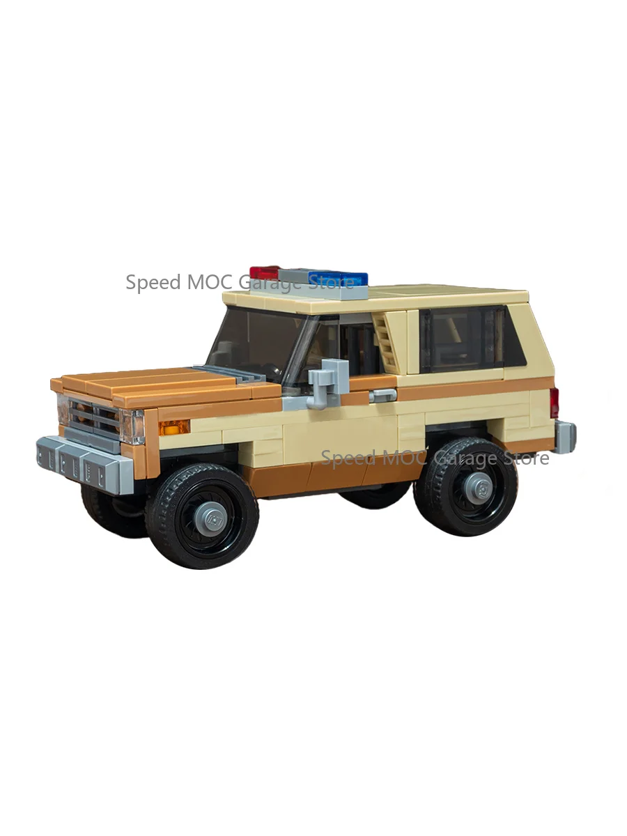Retro 80s Small Town Police SUV MOC Set, Beige & Brown Off-Road Vehicle with Roof Light Bar, Weird Event Inspired Car Model