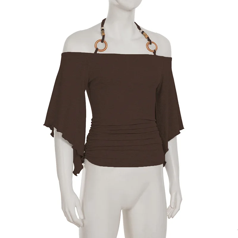 One neck sexy off shoulder pleated waist wooden bead decoration hanging neck bat sleeve T-shirt