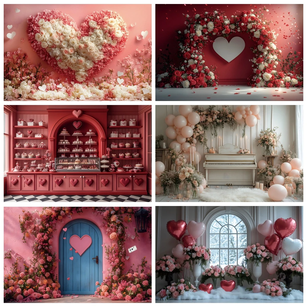 

Valentine's Day Flowers Photography Backdrop February 14 Dessert Shop Roses Love Heart Balloons Wedding Party Decor Background