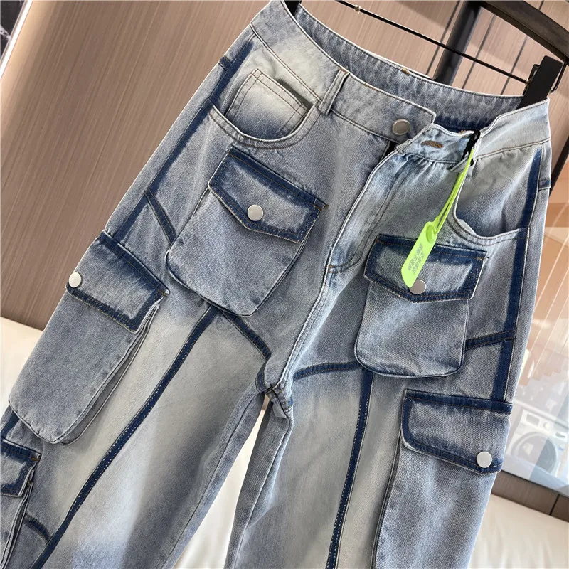 Cool Popular Fashion Design Straight Cargo Jeans Female 2023 Autumn Winter New Ankle Banded Slacks High Waisted Denim Trousers