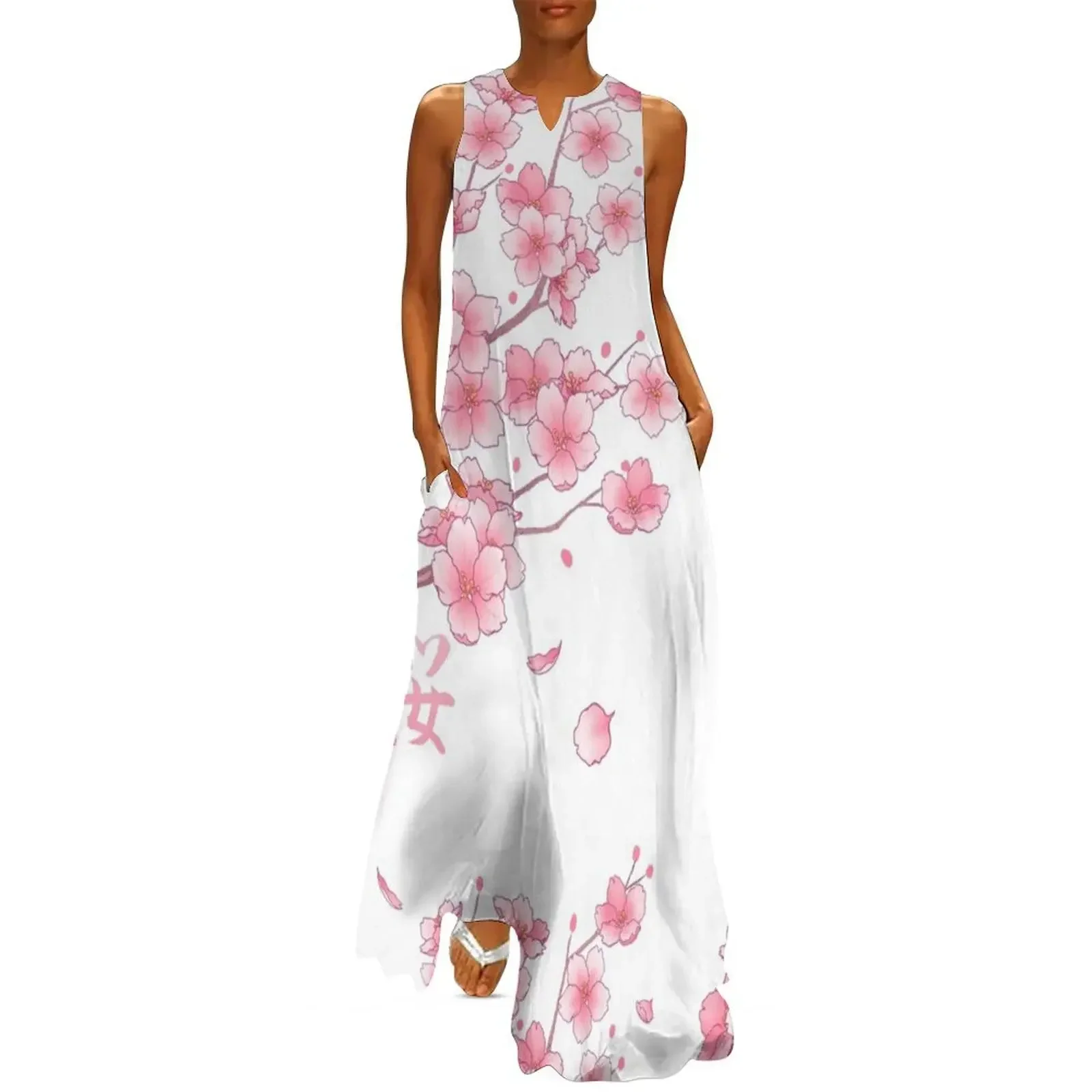

Falling Pink Sakura Cherry Blossom branches on white Long Dress Women's summer long dress prom dress evening women