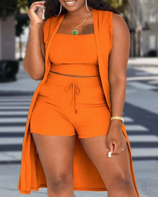 

Women's Commuting Suits 2024 Summer Fashion New 3PCS Ribbed Tank Top & Casual Vacation Drawstring Shorts Set with Vest Coat