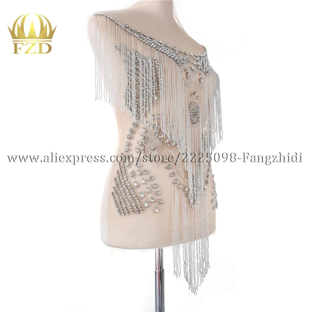 FZD 5 Pieces Wholesale Handmade Sew on Rhinestone Patch Tassels Waterfall Dangling Bodice Applique Embroidery Patch