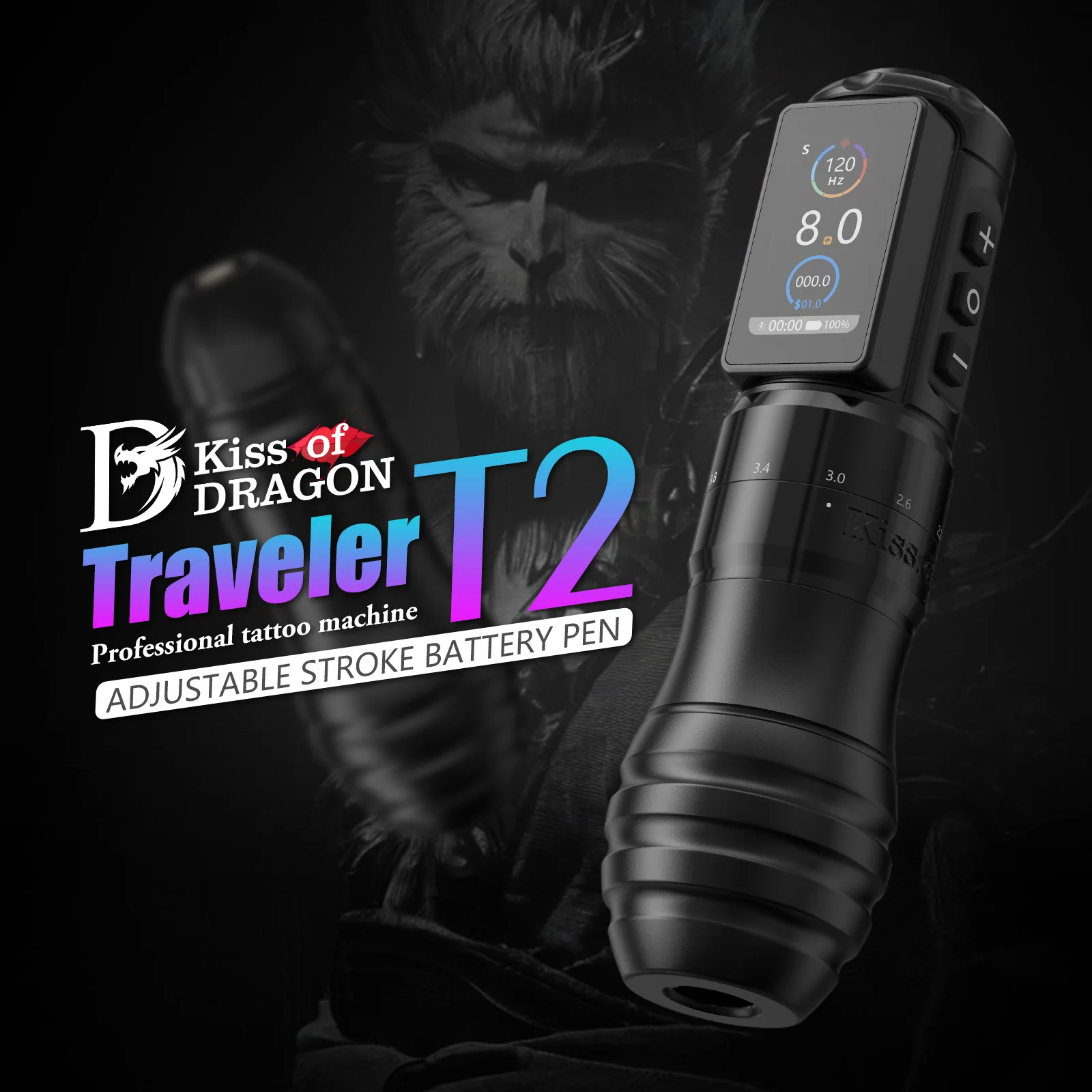 

Kiss of Dragon ‘TRAVELER-T2’ Wireless Tattoo Machine Adjustable Stroke 2.2-4.2mm 2000mAh Battery Capacity For Tattoo Artists