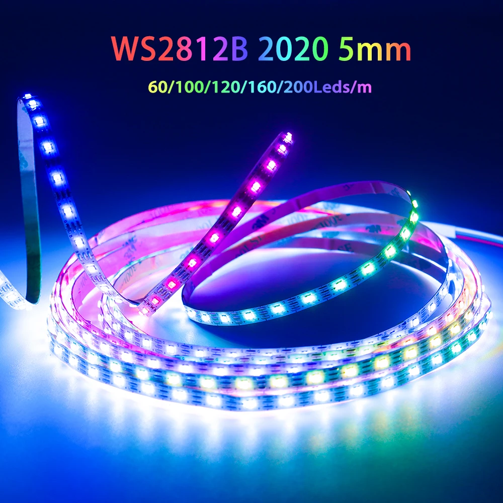 5mm Ultra-Narrow WS2812B 2020SMD RGBIC LED Strip Light WS2812 Individually Addressable IC Tape 60/100/120/160/200Leds/m DC5V