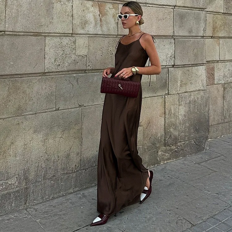 Satin Long Dress Women Sleeveless Strappy Backless High Waist Summer Dresses