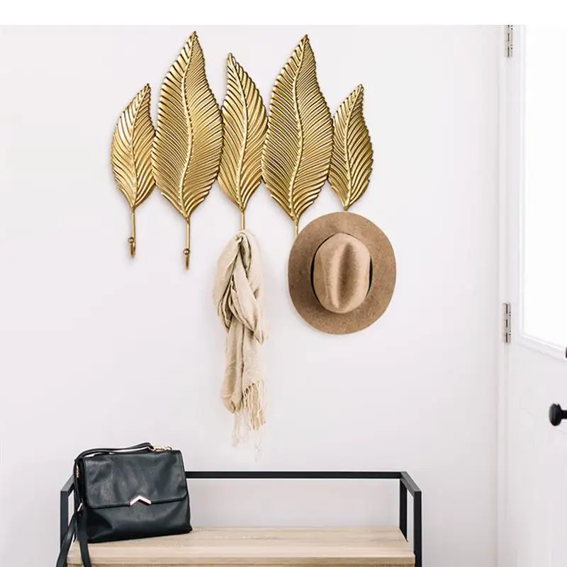 Iron Art Leaf Feather Decorative Hook Golden Metal Wall Hanging Decoration Ornaments Clothes Cap Organize Storage