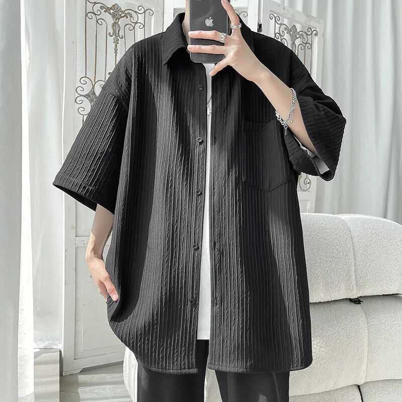 Summer Short Sleeved Shirt Men White Casual Shirt Men Streetwear Loose Pleated Shirt Mens Ice Silk Shirts Large Size 5XL