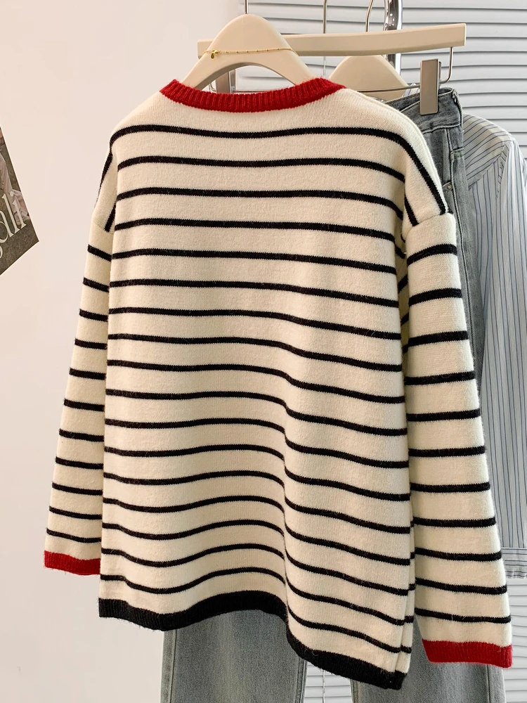 فضفاض محبوك جولة Ne سترة المرأة مكافحة الشيخوخة الشتاء أعلى البطن إخفاء اللون بلو مخطط الكورية Sle الملابس الداخلية #5