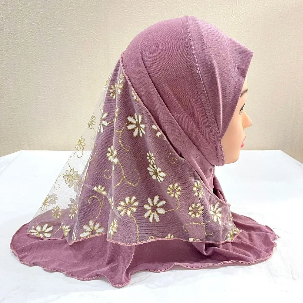 Beautiful Flower Net Small Girl Hijab Pull On Elastic Solid Instant Headscarf Cotton Mesh Islamic Scarf Shawl 2-6 Years Old