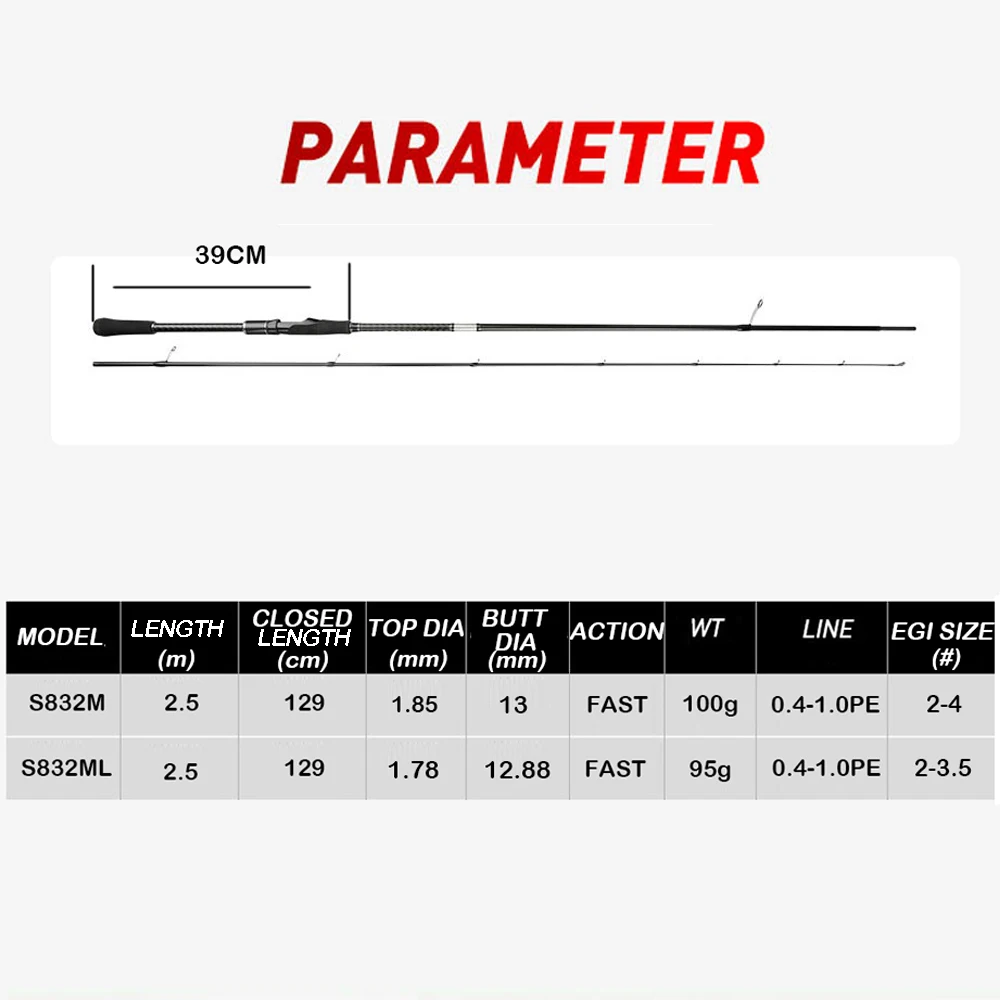 Squid Lure Egi Rod 832M/ML Pe 0.4-1.0 Squid Size #2-4 40T Egging fishing rod Rod Spinning Rod light weight 95g 100g carbon rod