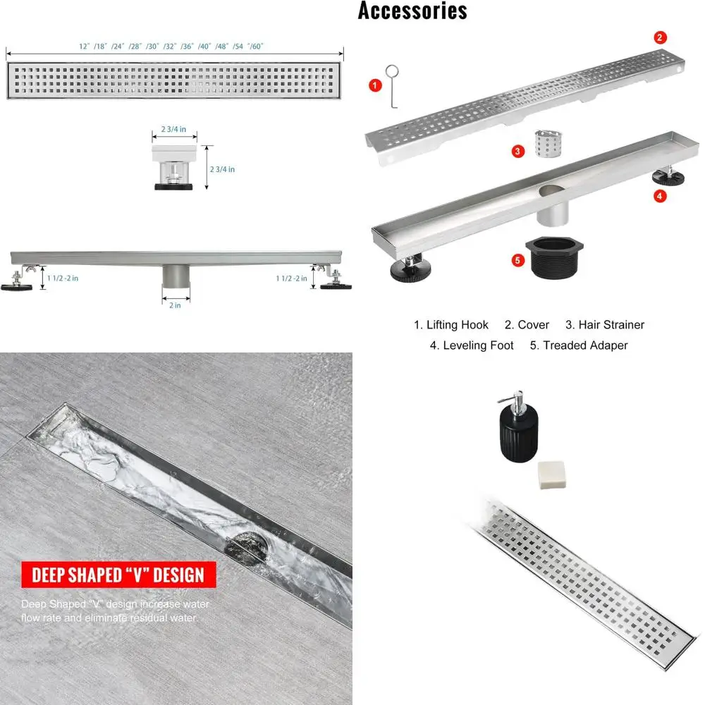

40 Brushed Stainless Steel Shower Drain with Removable Grate, Hair Strainer, and Adjustable Feet