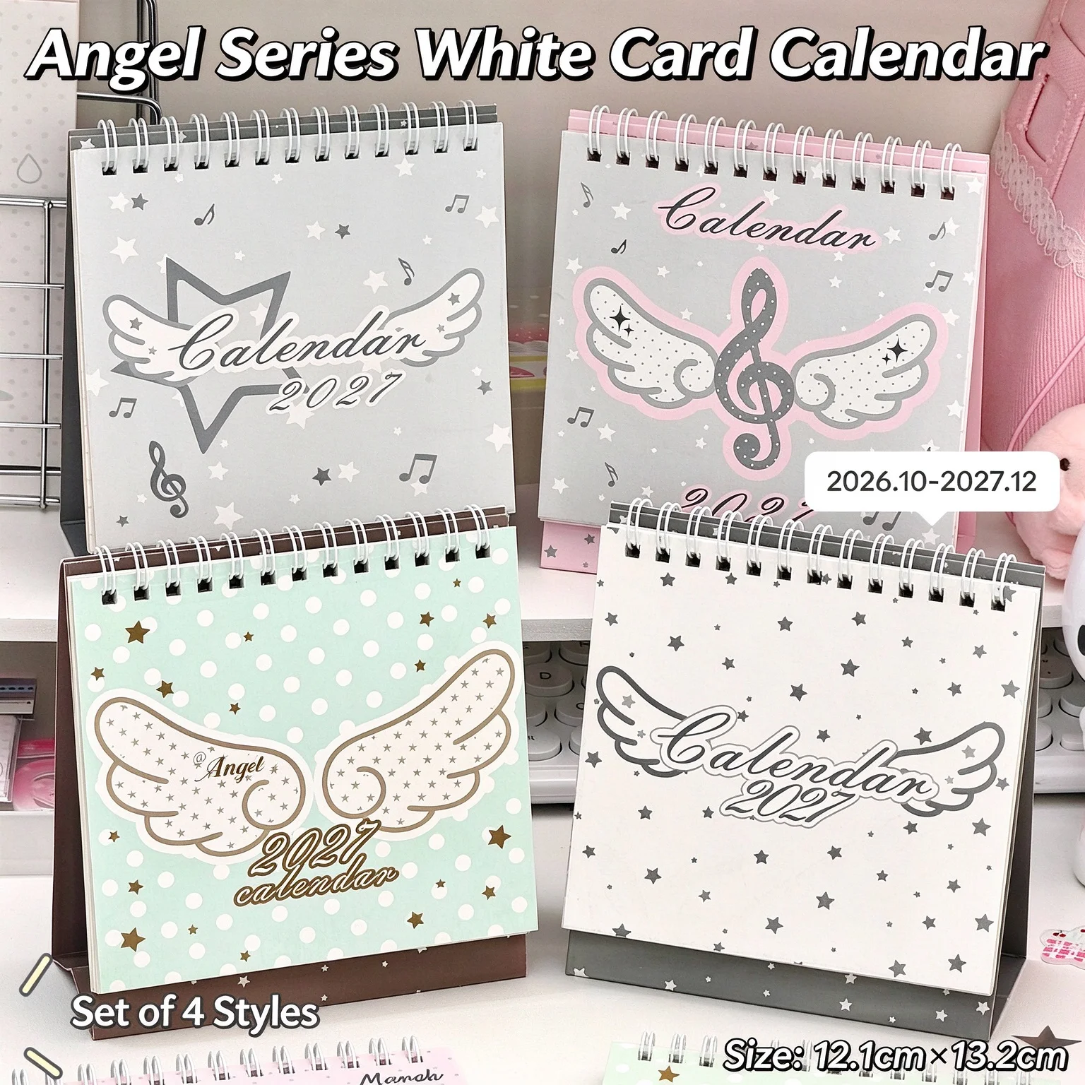 4 Styles 2027 Angel Wing Desk Calendar Kawaii Ins Flip Monthly Planner Star Musical Note Desktop Decor Student Stationery Gift