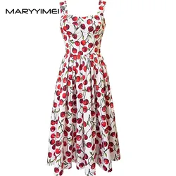 MARYYIMEI Fashion Designer Summer Women's dress Spaghetti Strap Backless Fruit Print Pure cotton Dresses