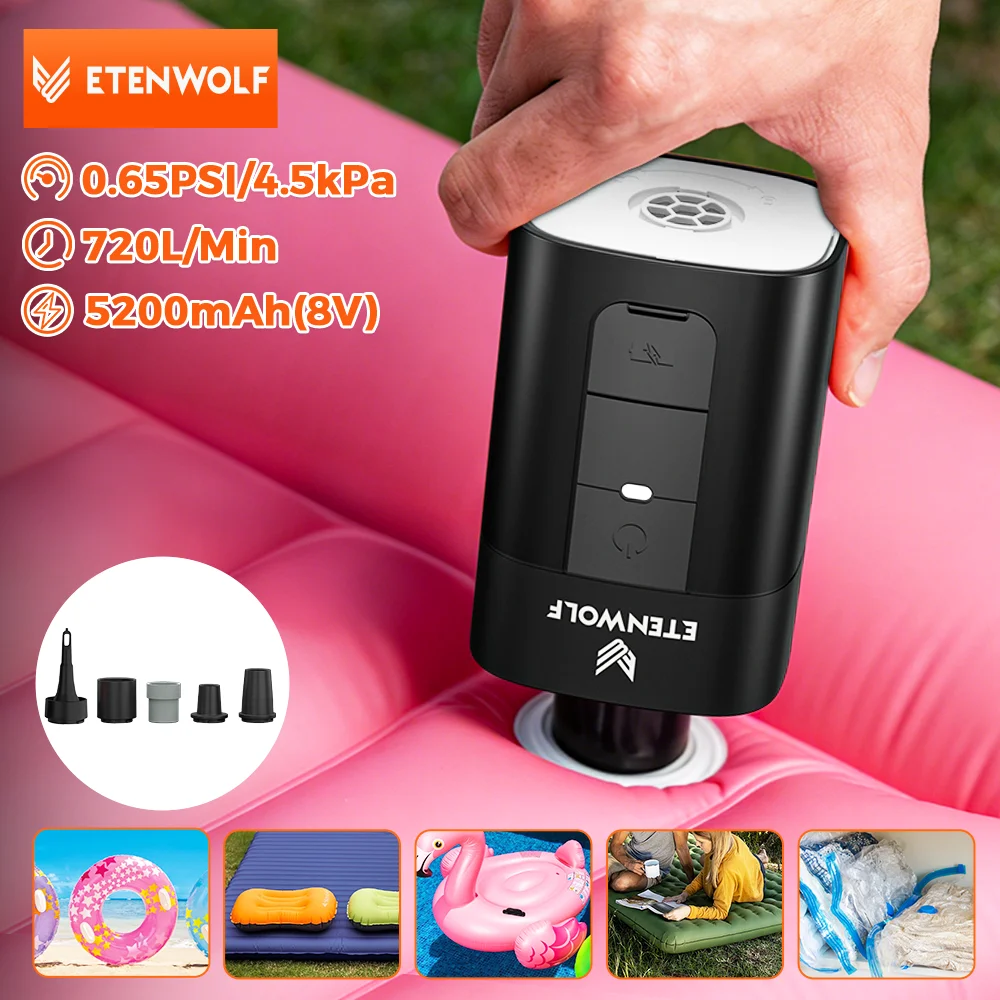 ETENWOLF AIR 5 PRO Bomba de Aire Eléctrica 720 LPM 4X Rápida 10400 mAh Inflador y Desinflador Portátil para Flotadores de Piscina