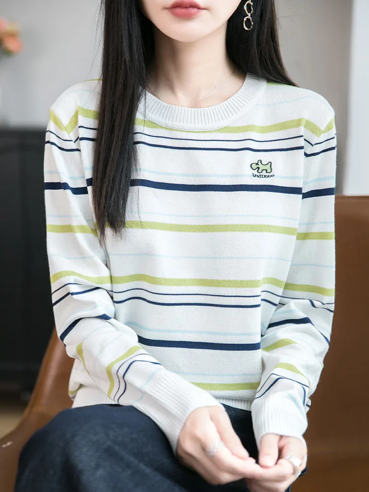 

Ele Large Size Women's Long Sve T-irt Embroidered Ice Silk Knitted Base irt Striped Design Commute Sle Soft Fabric