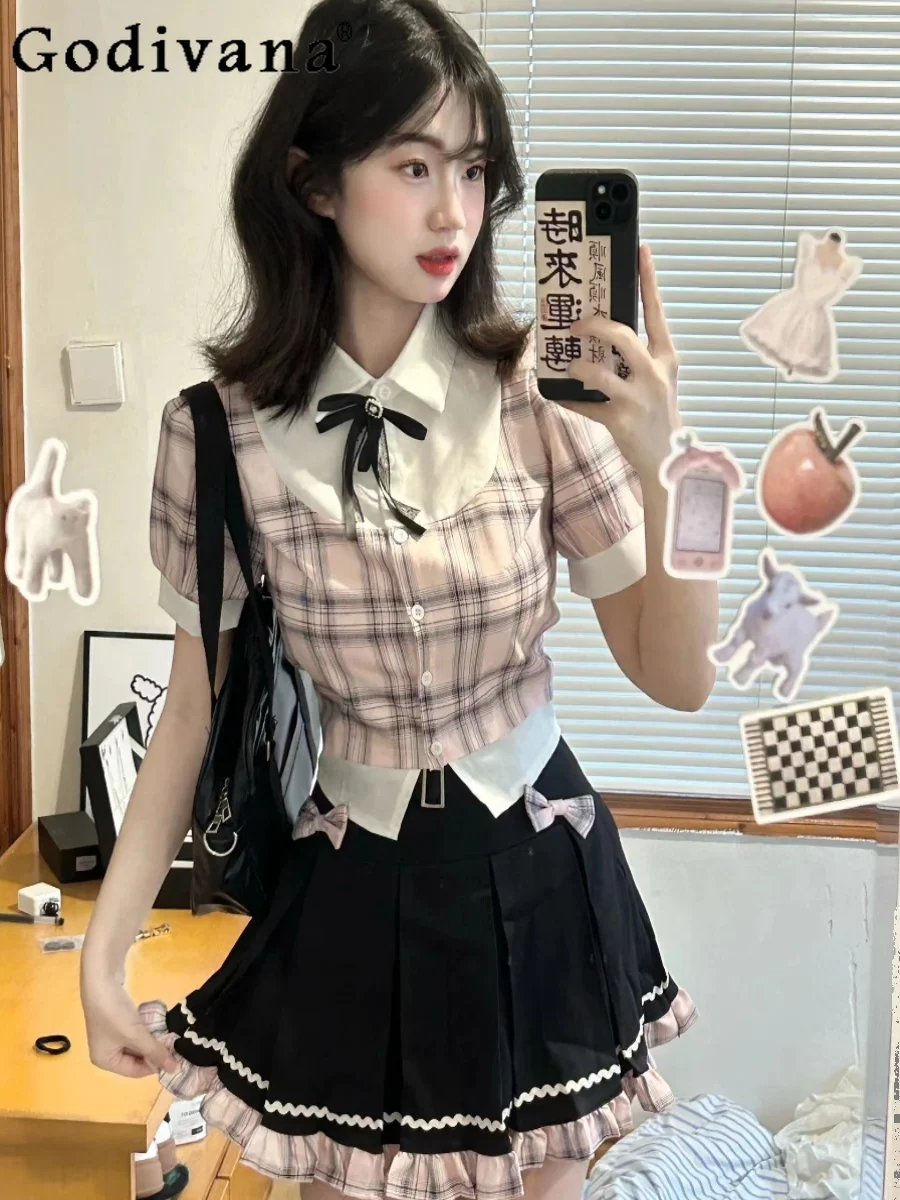 College Fake Two Pieces Students Y2k Plaid Shirts Girl Fashion JK Bow High Waist Slim-Fit Elegant Mini Skirt Women Skirt Sets