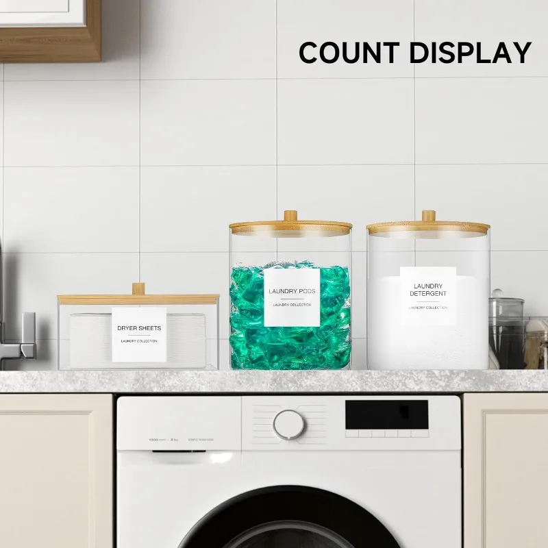 Стеклянные банки и держатель для акриловых простыней, контейнер для стручков для белья с бамбуковой крышкой и 27 этикеток