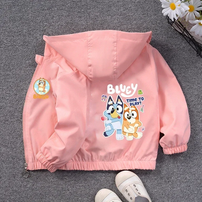 Bluey Baby Pink Hooded Jacket Sweatshirt Kids Bingo Chilli Cartoon Anime Girl Windbreaker Spring Autumn Long Sleeve Tops Clothes