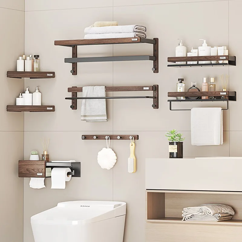 Minimally Designed Walnut Towel Rack, Bathroom Solid Wood Storage Rack, Non Perforated Tissue Hair Dryer Rack