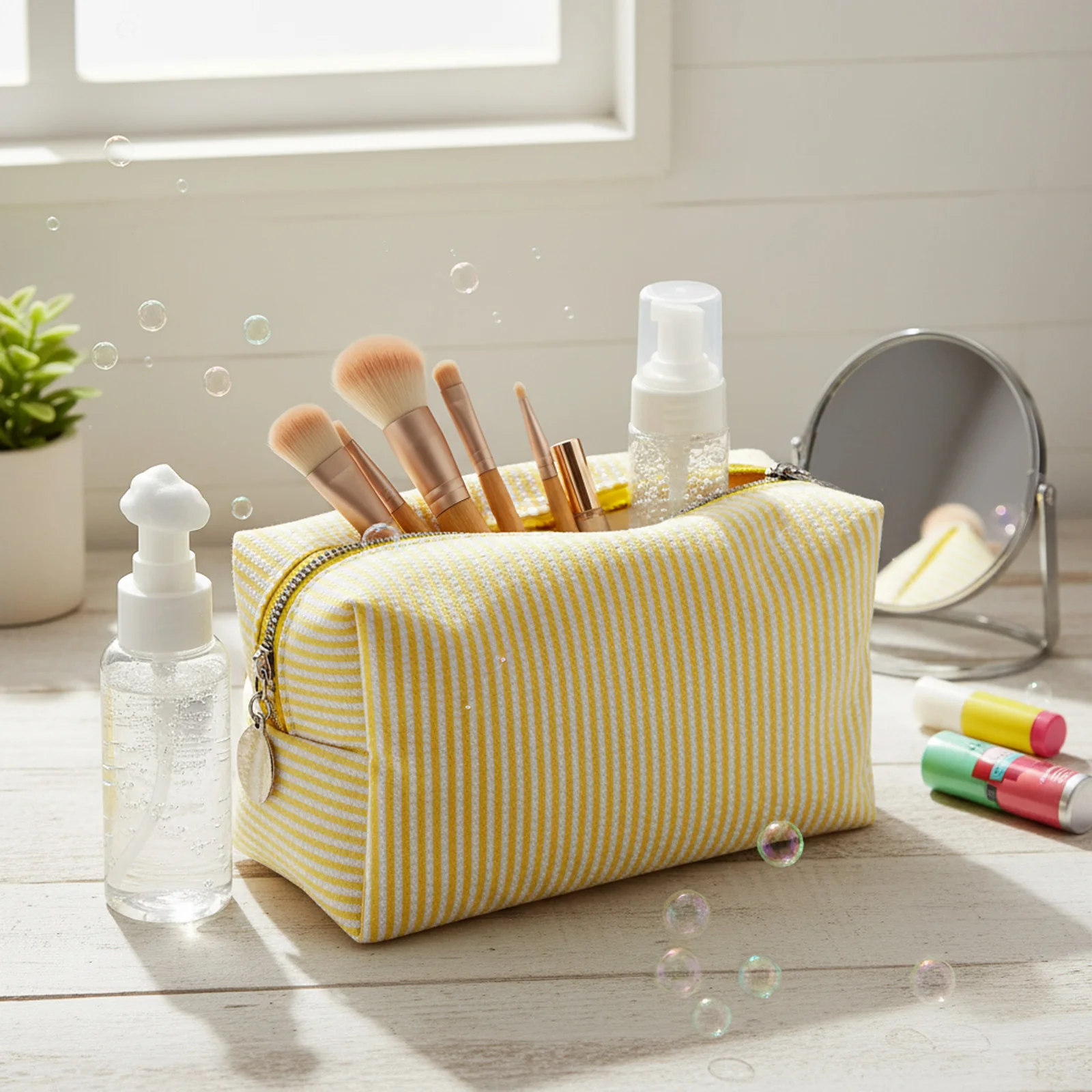 1 قطعة حقيبة مستحضرات التجميل المخططة الحد الأدنى سعة كبيرة أدوات ماكياج السفر الحقيبة مع سحاب النساء الفتيات منظم أدوات الزينة