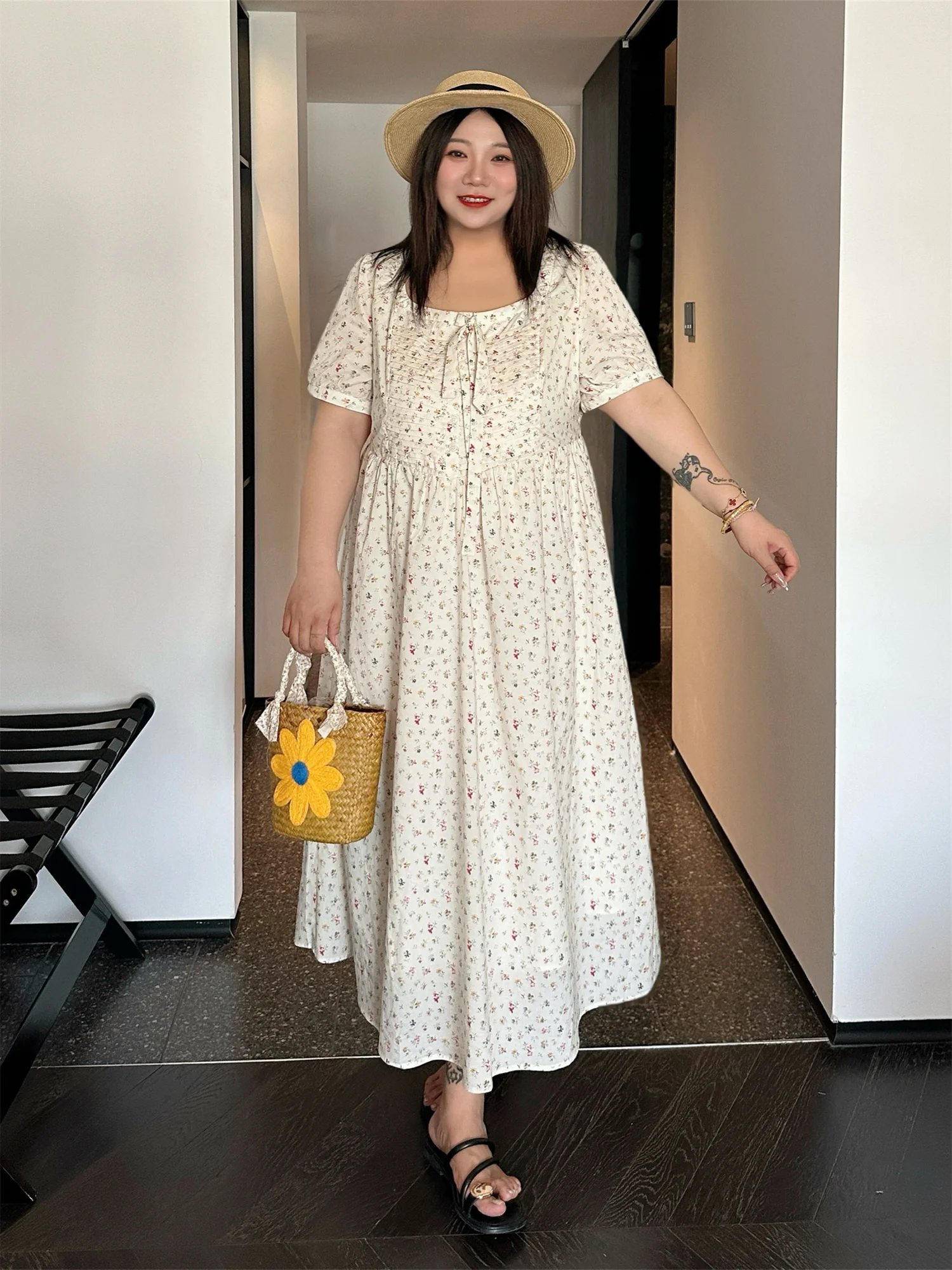 

Summer Floral Print Dress Thick Big Size Women's round Neck Bubble Sleeve Long Dress Sweet Youthful A-Line Skirt Casual Cotton