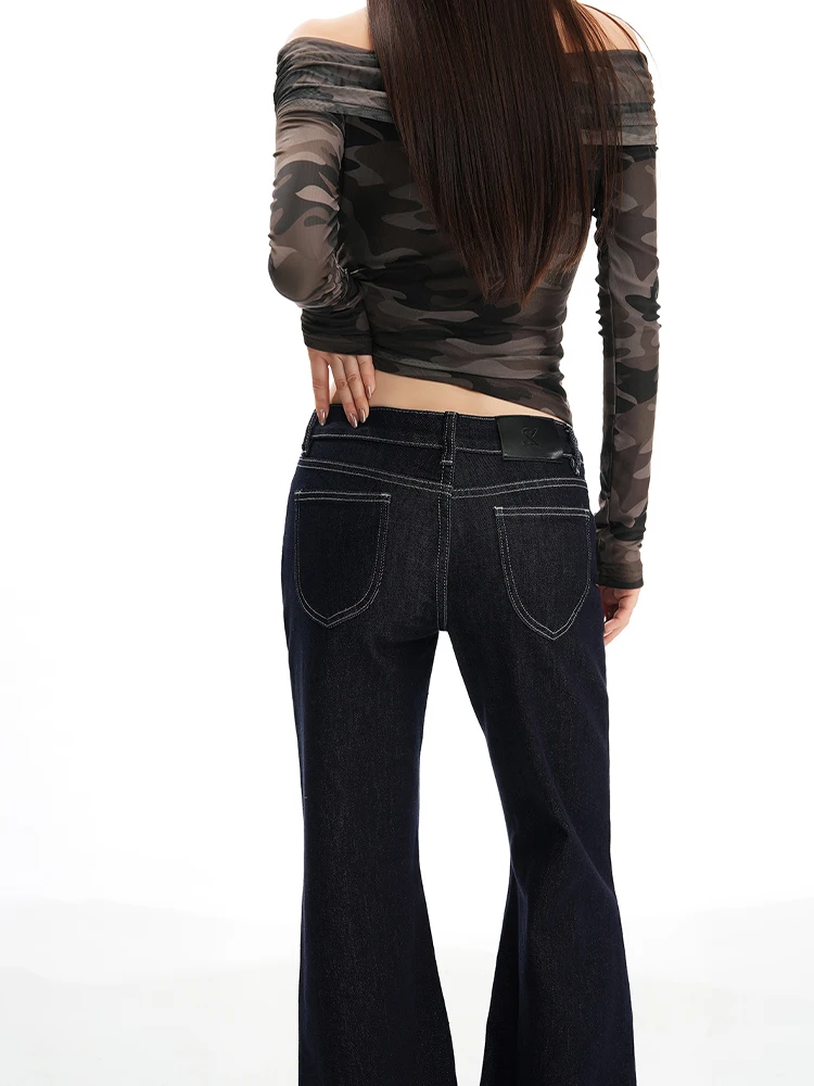 Damskie spodnie jeansowe z niskim stanem w stylu vintage na sezon Jesień Zima 2025, rozszerzane, bootcut, Y2k Harajuku, luźne, warstwowe, dzwony, japoński styl.