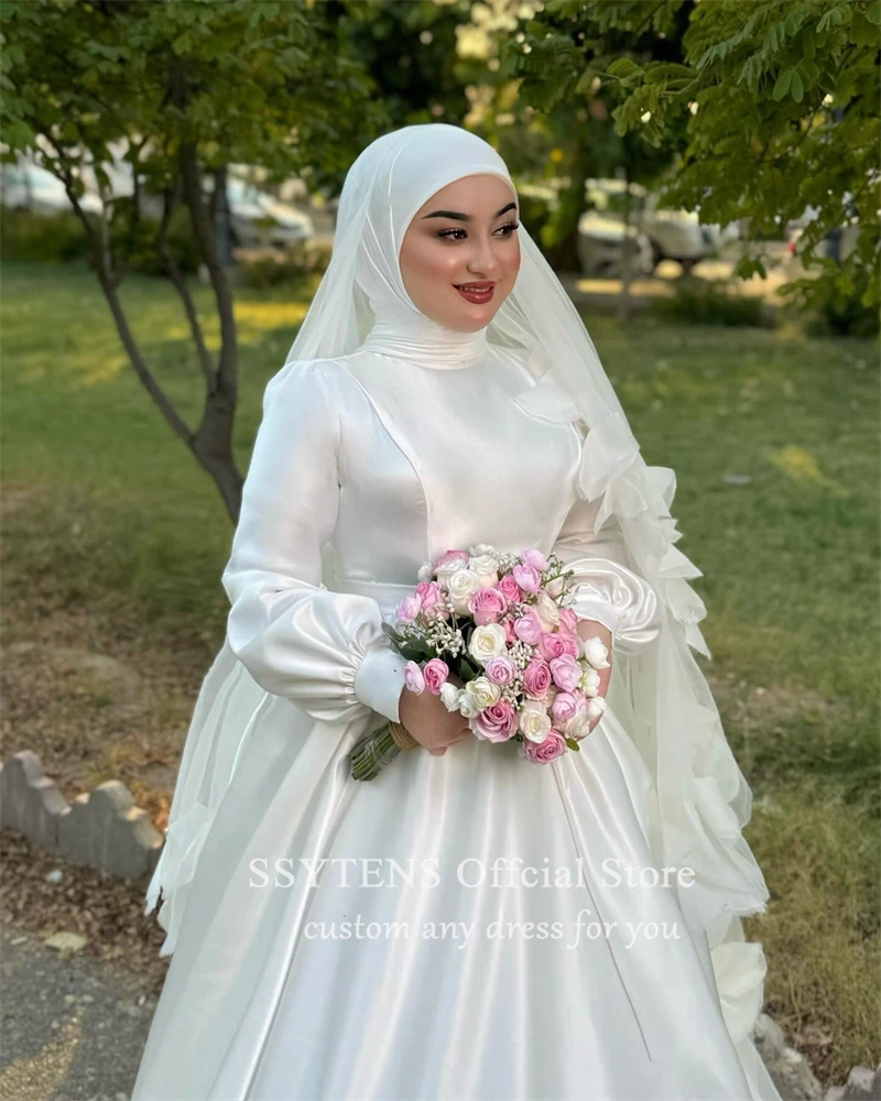 SSYTENS Muslim A-line Wedding Dresses High Collar Satin Bride Gown Floor Length Bridal  Dress Long Sleeves Custom robe de mariée