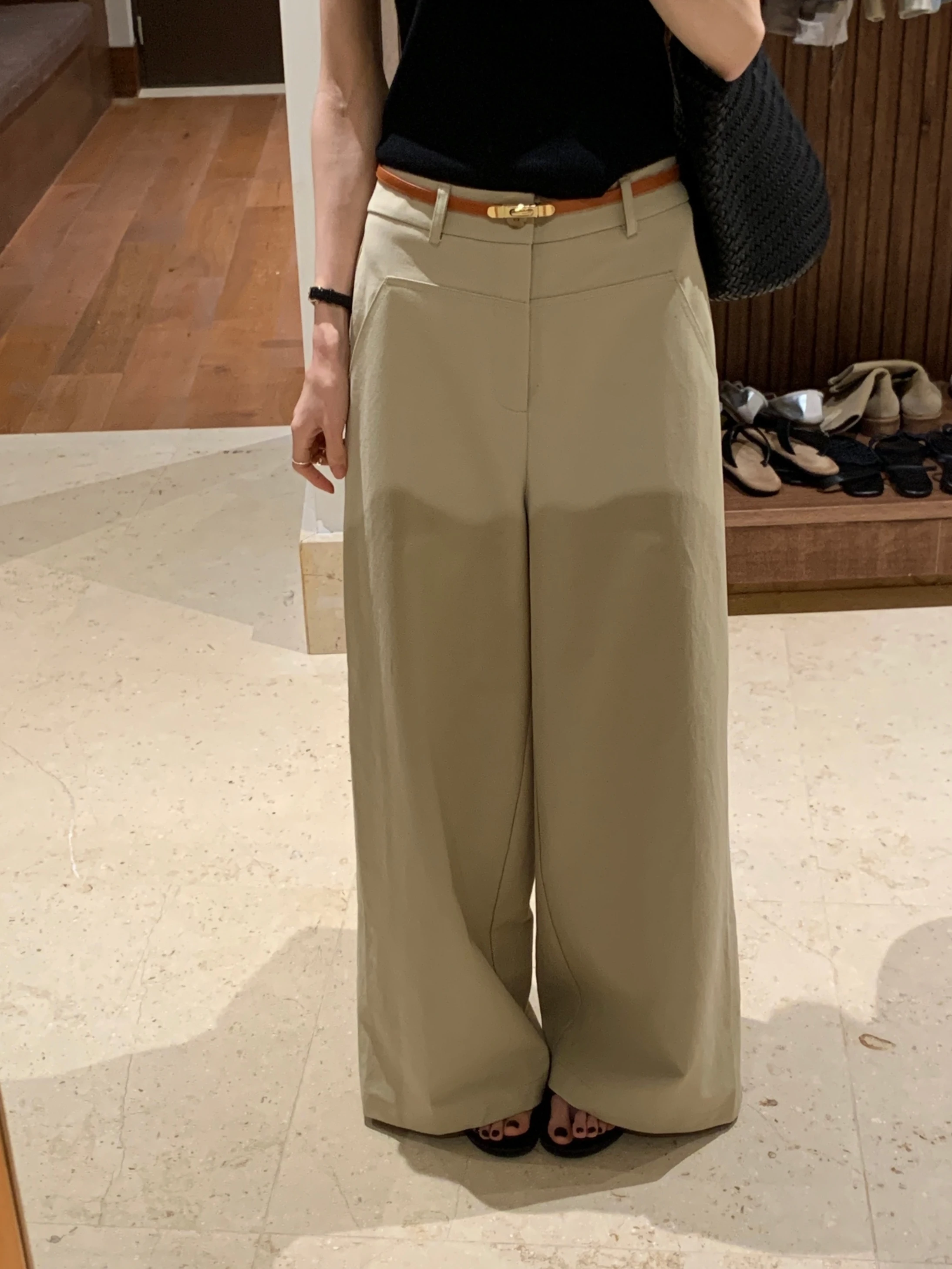 

BRIVIN Korean Style Khaki Cotton Casual Pants Women's High Waist Belted Wide Leg Pants Slimming Straight Cut Leisure Trousers