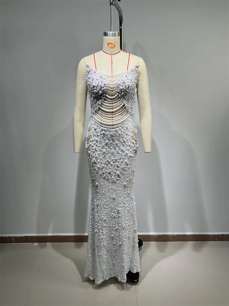 New Arrival Women's Dress Luxurious Pearl Sequin Sheer Mermaid Strapless Dress Elegant Wedding Engagement Annual Party Gown