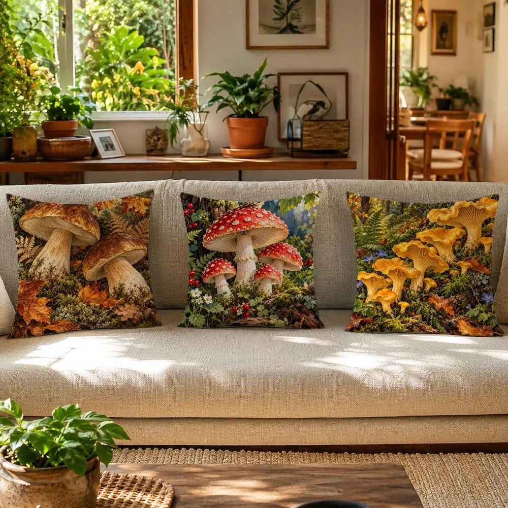 Mushrooms Enchanted Forest Cushion Cover Skin-Friendly Organic Linen Pillow Cover Durable Hypoallergenic Washable Soft