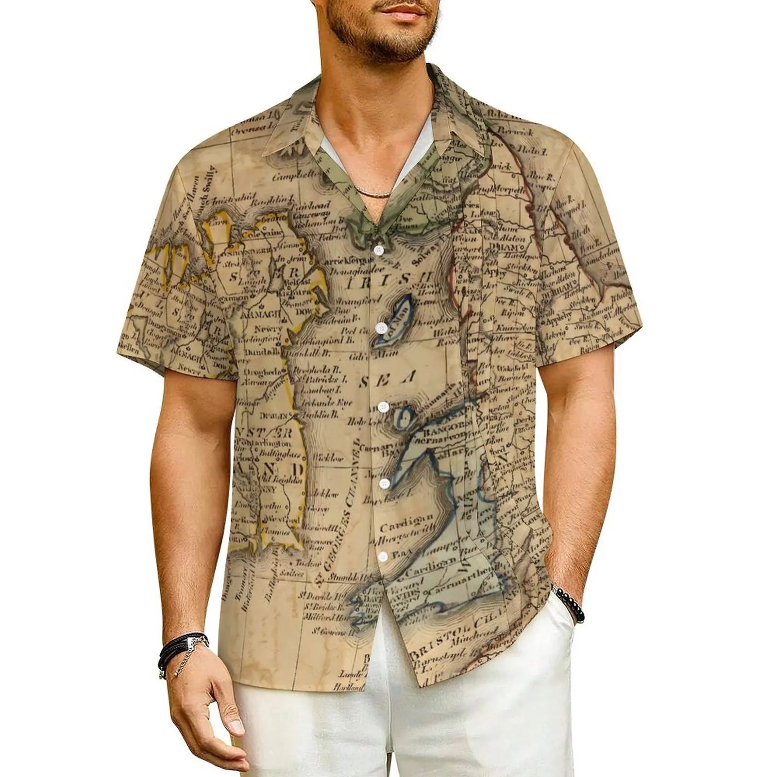 

Map Casual Shirt Scotland and Ireland Novelty Hawaiian Shirts Men Short-Sleeved Vacation Street Style Graphic Oversized Blouses