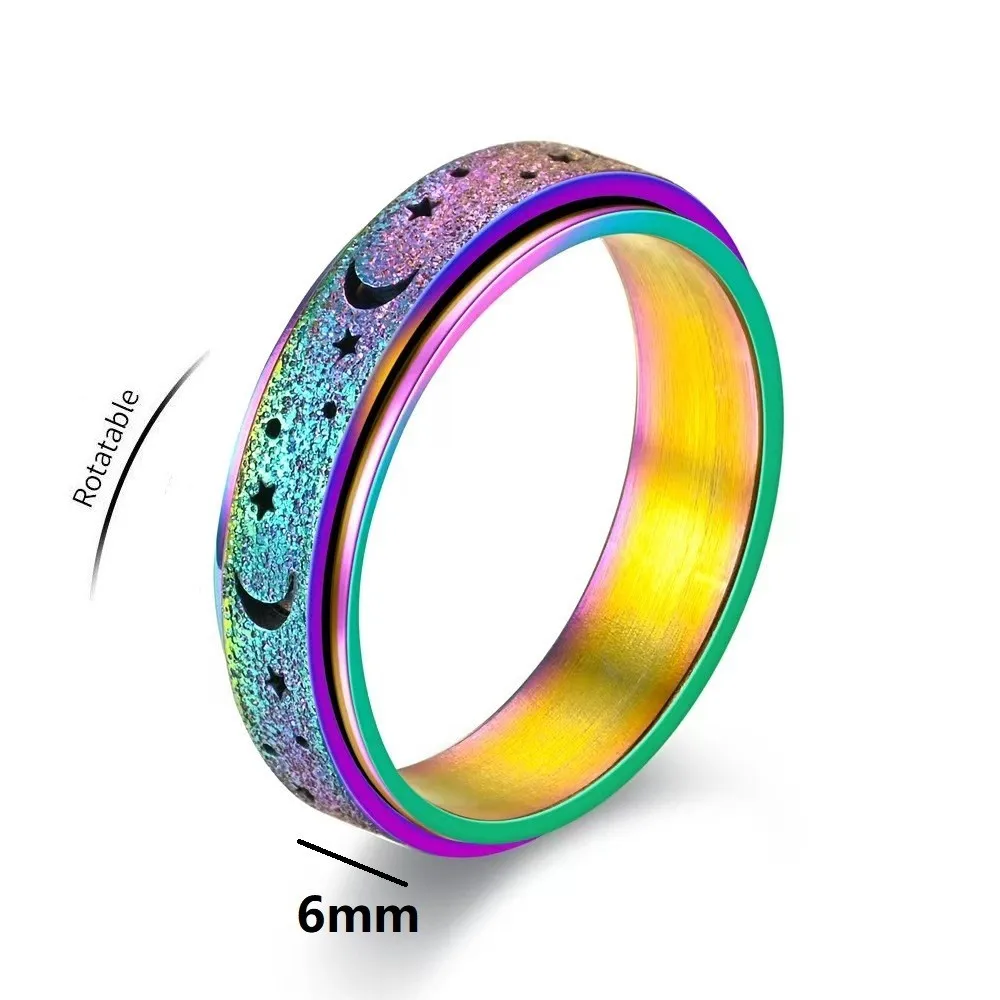 Rainbow Moon And Star Rotating Anti Stress Ring For Men Anxiety Relife Spinning Finger Ring Trendy Jewelry Anillo Antiestres