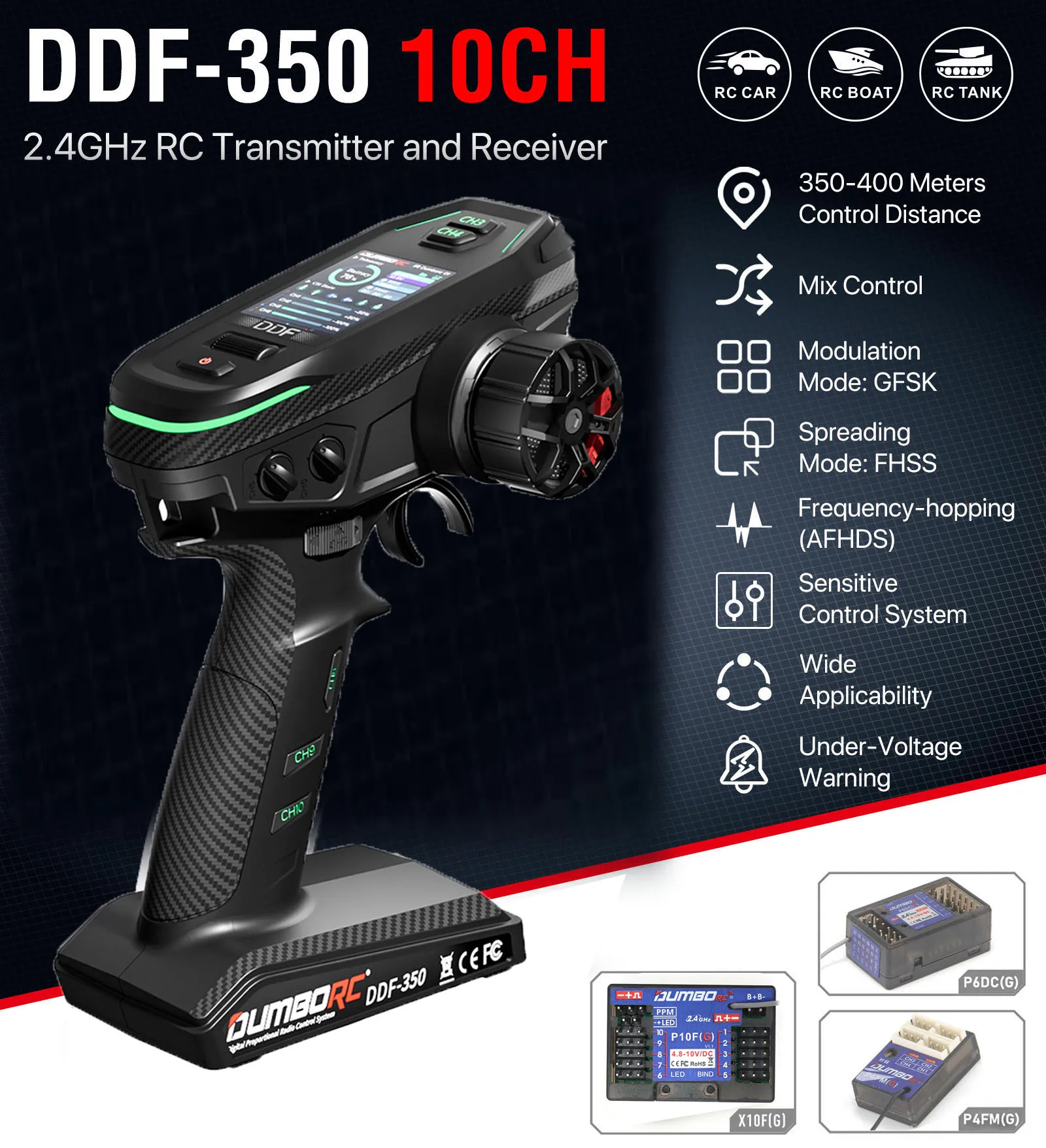 DUMBORC DDF-350 Transmitter 2.4G 10CH Digital Radio Remote Control with Gyro Receiver P6F for RC Car Boat Tank LCD FHSS System