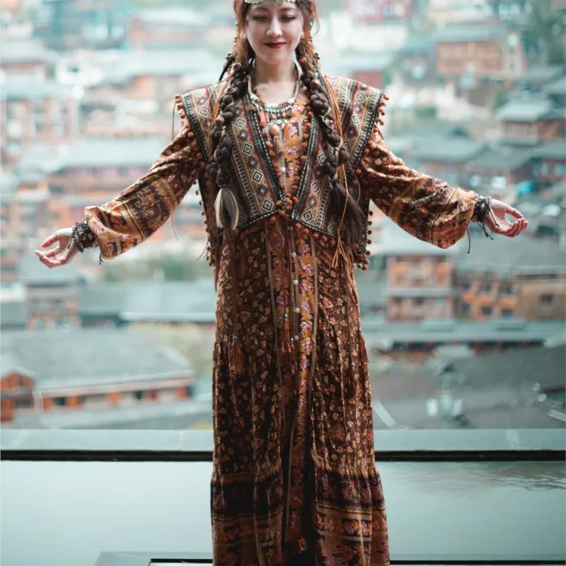 

Miao' S Exotic Ethnic Style Vest Short Miao Yao Trip Shoot Brown Coffee Color Suit