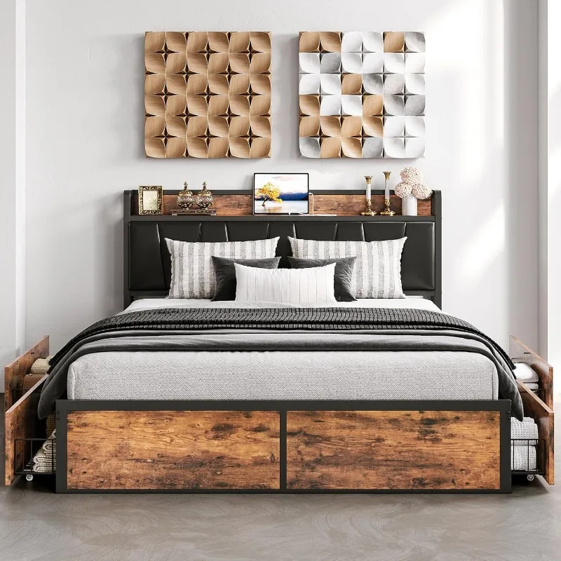 King Bed Frame with Four Storage Drawers, Platform Bed with Charged Headboard, Sturdy and Stable, No Noise, Easy To Install,