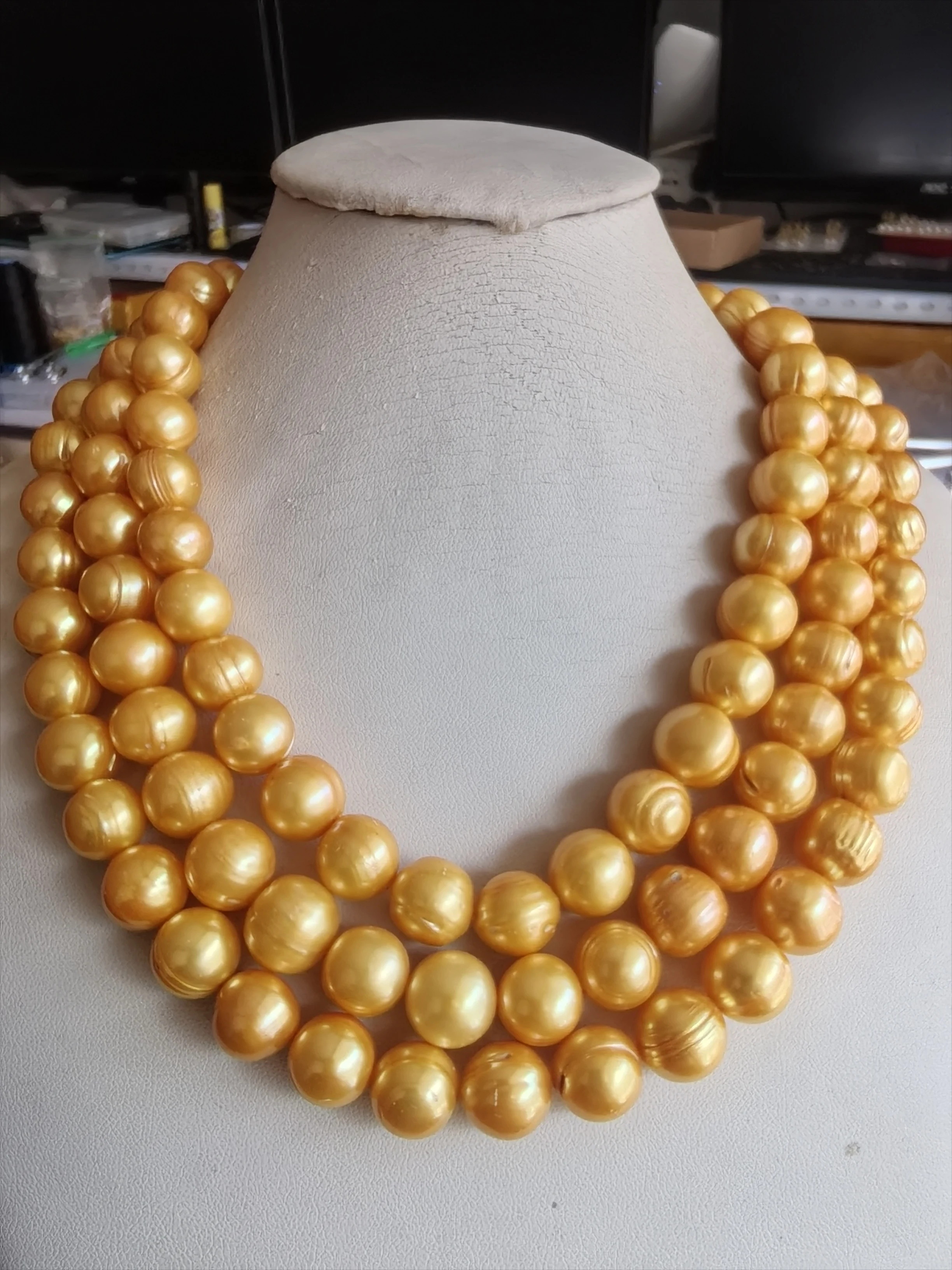 New Pearl Necklace AAA11-12mm Nanhai Natural Baroque Gold Pearl Necklace 14K Gold Physical Photo 16-36inch