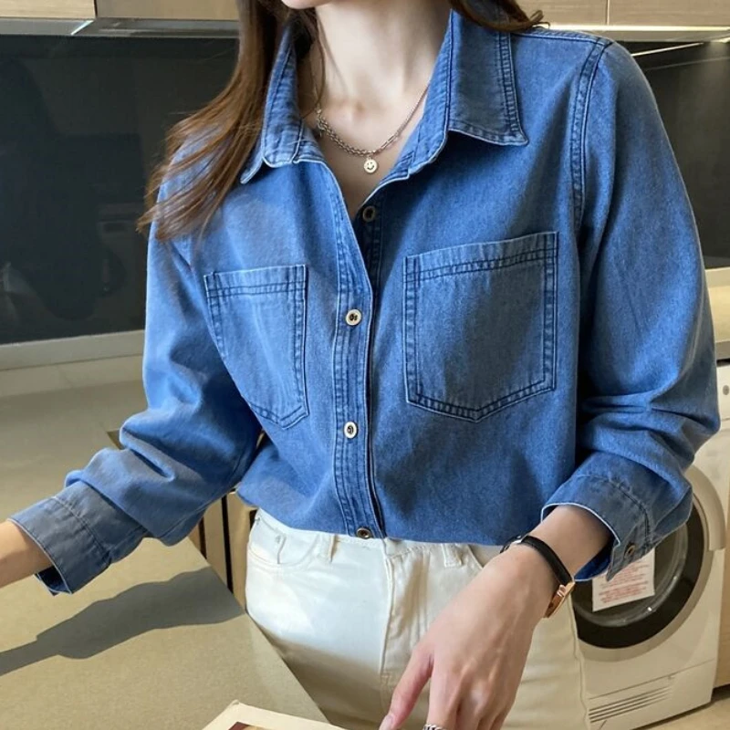 Jeans Shirts Women Blue Blouses Lady Tops Cotton Long Sleeve Blusas Blue Pockets Loose Female Clothing Jeans Shirts All Season