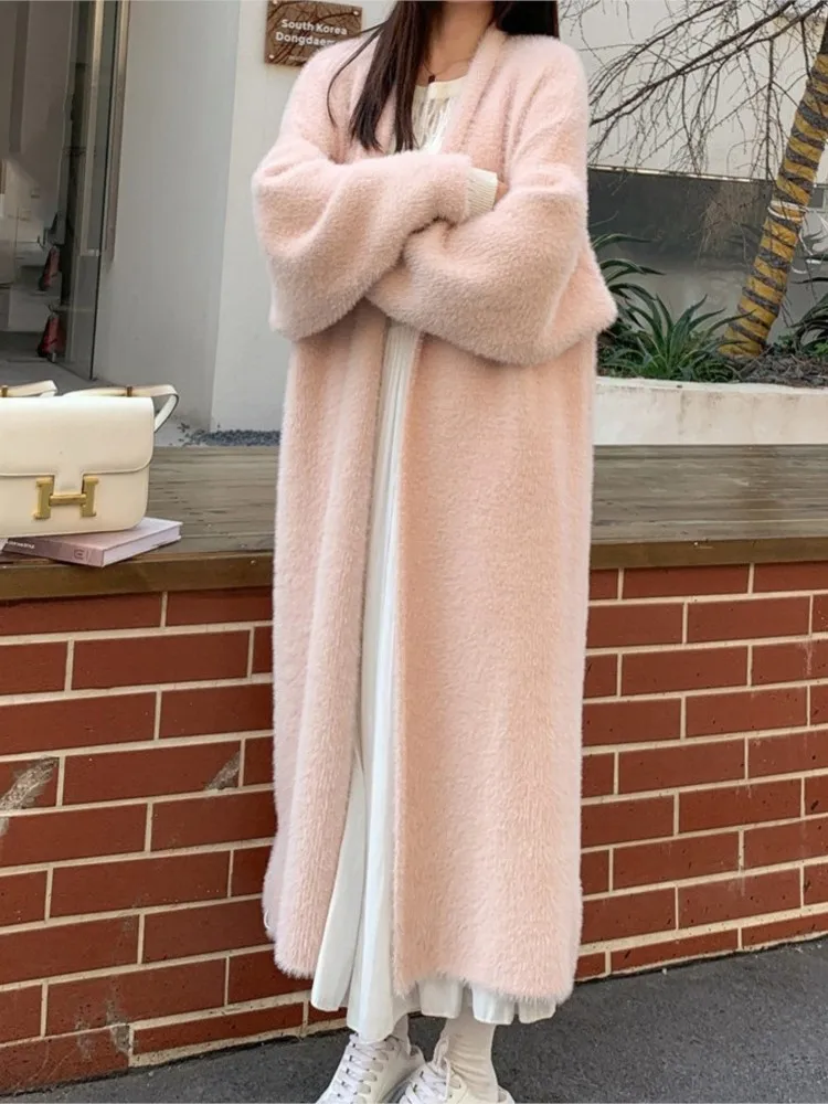 

Temperamental Long Over-the-knee Solid Color Sweater Cardigan Autumn And Winter New Lazy Style Loose Long-sleeved Sweater Jacket