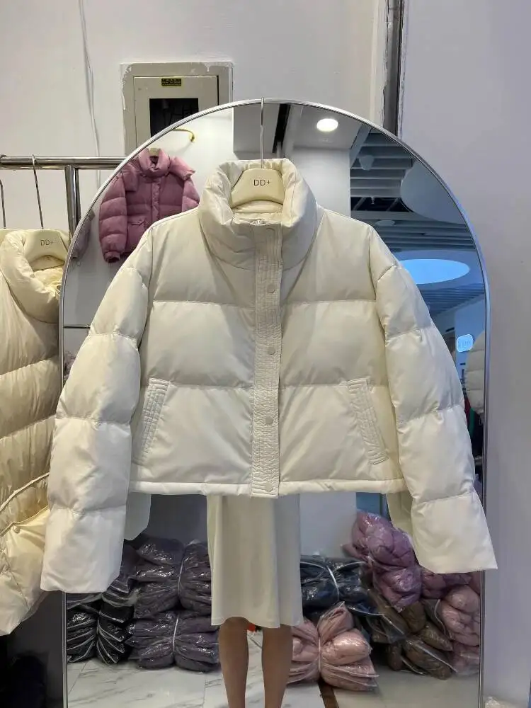 

Женский пуховик из искусственной кожи, осенне-зимний воротник-стойка, корейское утепленное пальто на белом утином пуху, женские короткие парки, верхняя одежда