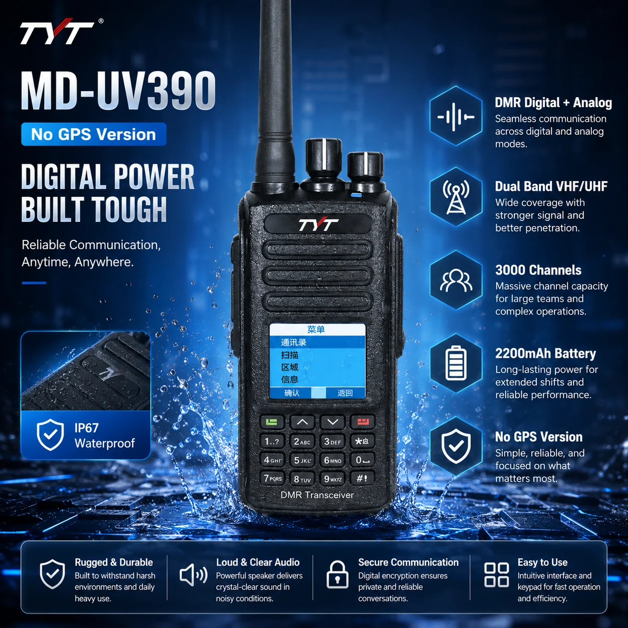 

TYT MD-UV390 Dual Band DMR Two Way Radio VHF UHF Digital Analog Handheld Walkie Talkie GPS IP67 3000 Channels