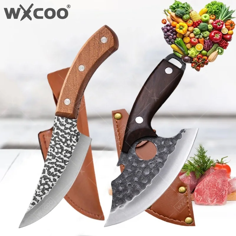 WXCOO Hand Forged Kitchen Knife Boning Knife Butcher Cleaver Knife Multifunctional Bottle Opener Pig Skinning Wooden Handle
