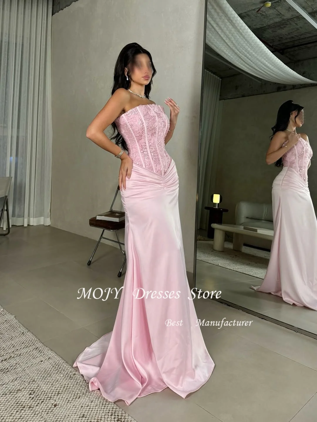 Mojy personalizado moda plisado lentejuelas trompeta vestidos largos sin tirantes ocasión a medida elegante clásico