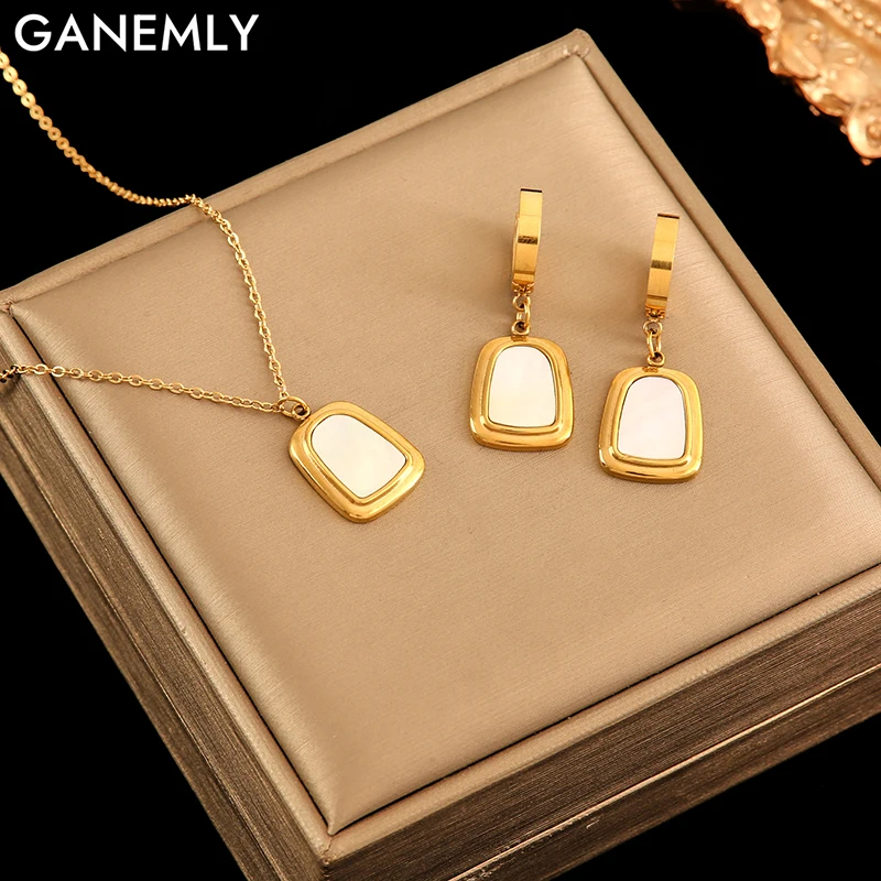 GANEMLY 316L Набор геометрических черных и белых ожерелий и серег из нержавеющей стали для женщин Модный женский аксессуар Дамский подарок