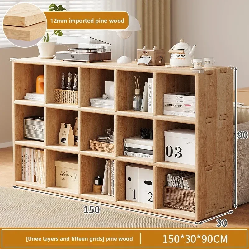 Firm Solid Wood Bookshelf Floor-to-ceiling Integrated Multi-compartment Shelf Log Style Storage Combination Low Bookcase Factory